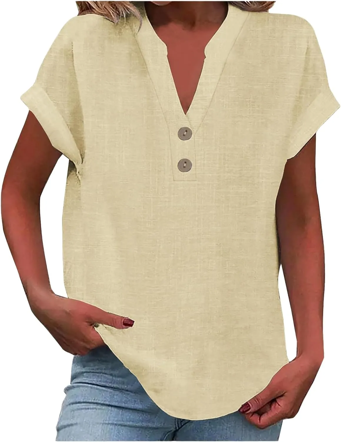 Womens Short Sleeve Linen Shirts Casual Round Neck Oversized T Shirt Embroidery Loose Fit Summer Tee Tops