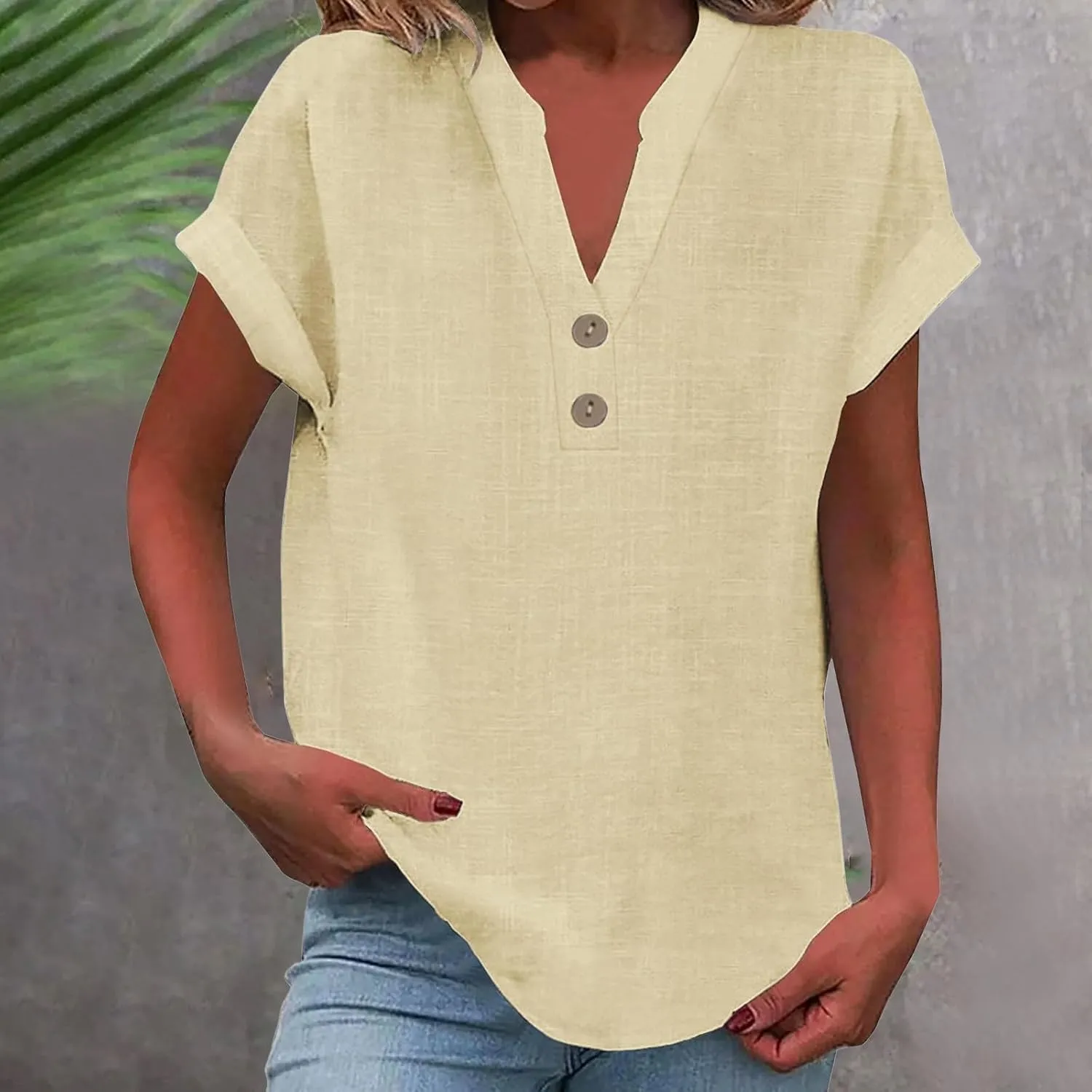 Womens Short Sleeve Linen Shirts Casual Round Neck Oversized T Shirt Embroidery Loose Fit Summer Tee Tops