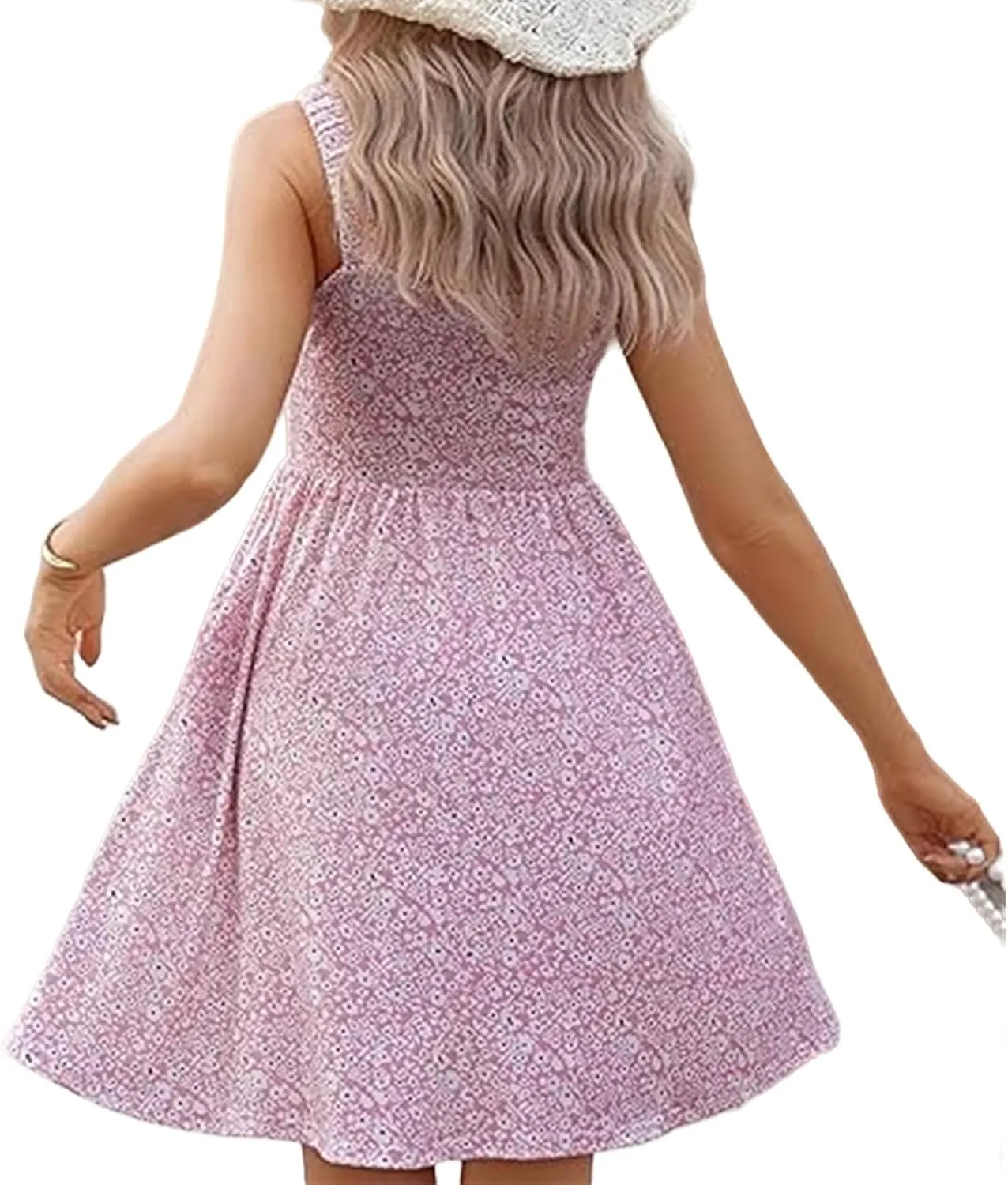 Women's Sleeveless Summer Dress Ruffle Tiered Floral Sundress Boho A-line Mini Dresses High Waist Square Neck Dress