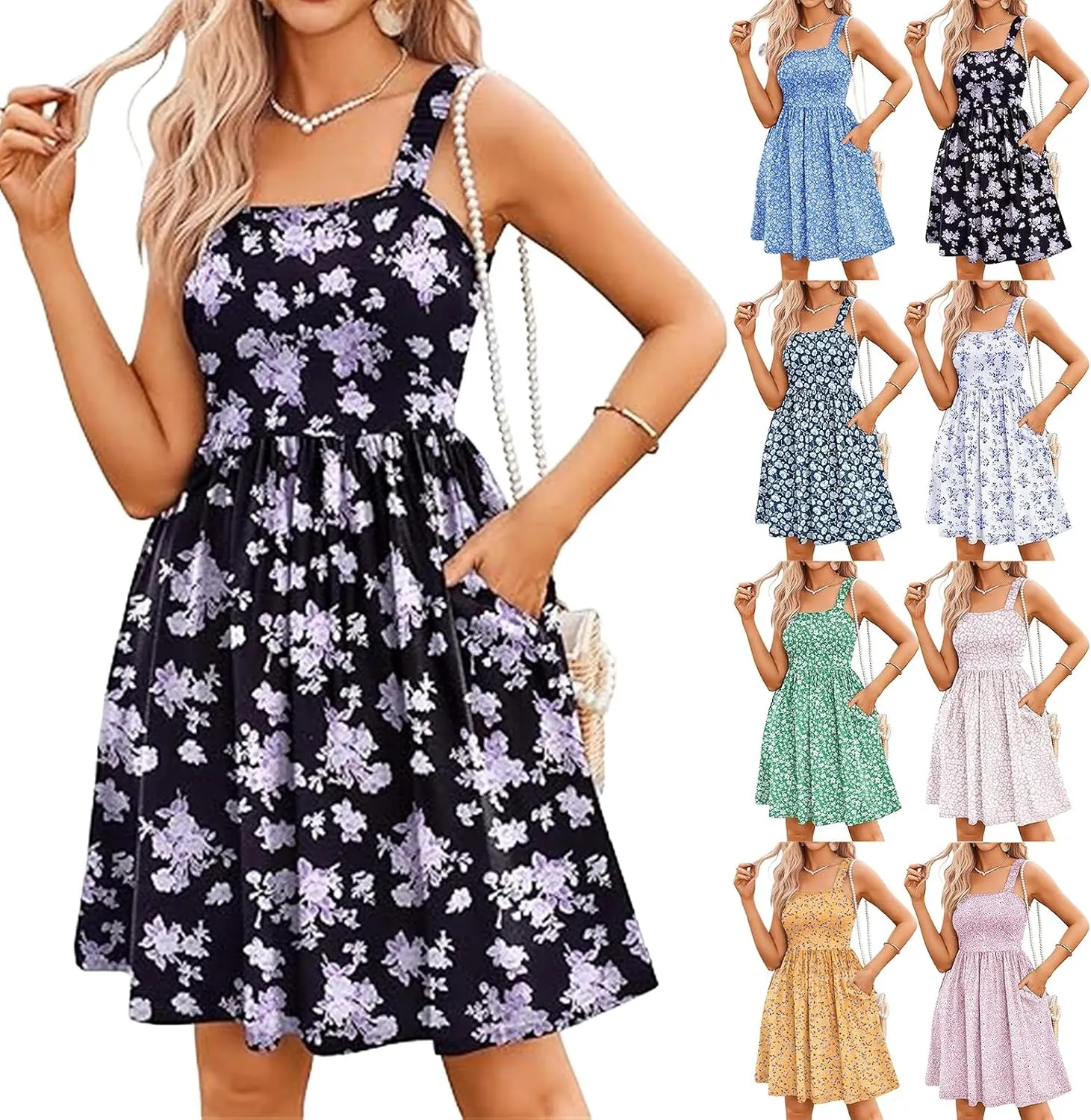 Women's Sleeveless Summer Dress Ruffle Tiered Floral Sundress Boho A-line Mini Dresses High Waist Square Neck Dress