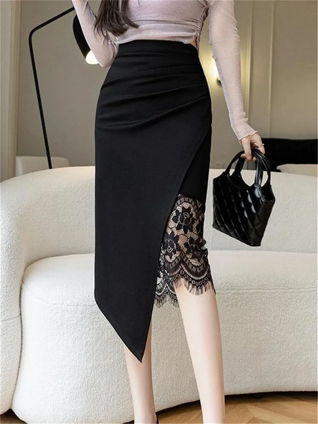 Women's Solid Color Pencil Skirts High Waist Office Sheath Lace Patchwork Mid Skirts