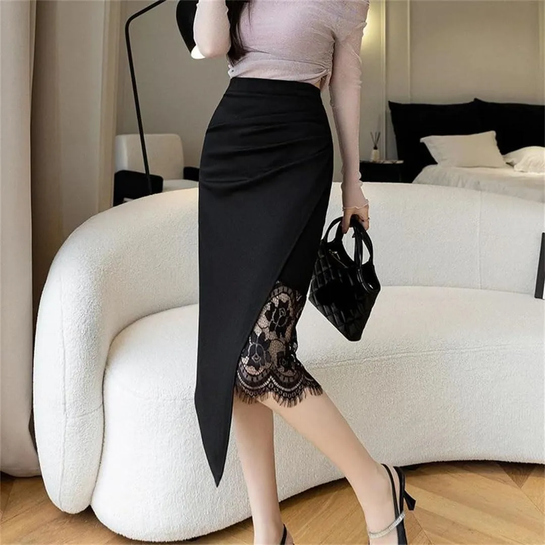 Women's Solid Color Pencil Skirts High Waist Office Sheath Lace Patchwork Mid Skirts
