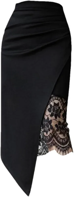 Women's Solid Color Pencil Skirts High Waist Office Sheath Lace Patchwork Mid Skirts
