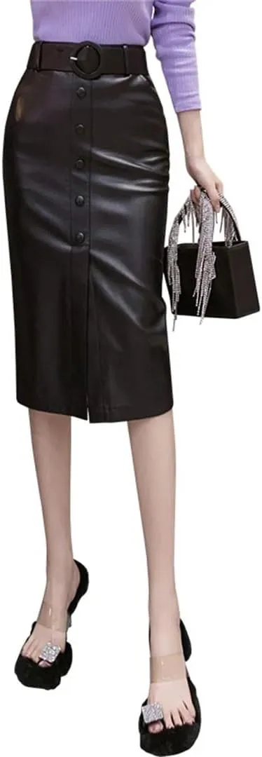 Women's Solid Faux Leather Wrap High Waist Sexy Knee Length Pencil Skirts