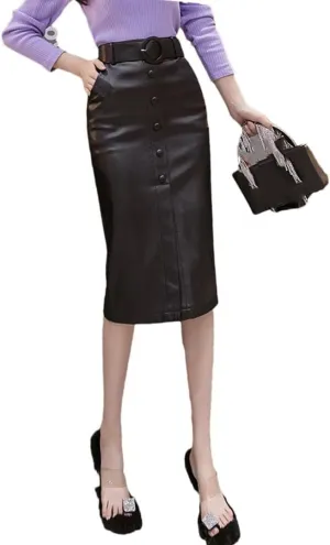 Women's Solid Faux Leather Wrap High Waist Sexy Knee Length Pencil Skirts