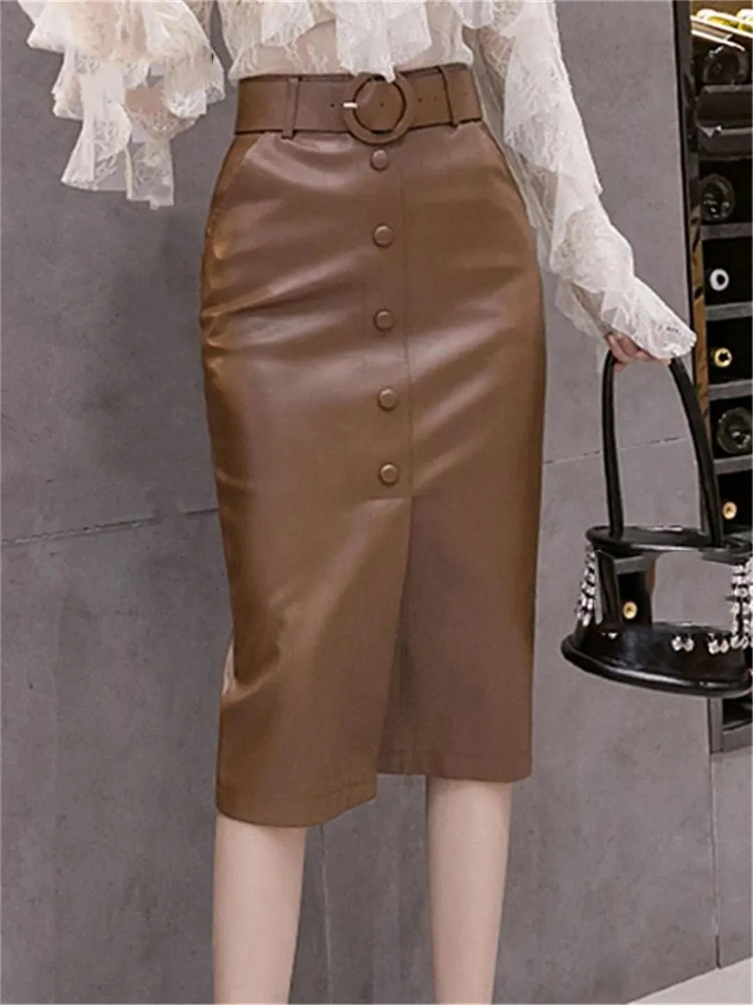 Women's Solid Faux Leather Wrap High Waist Sexy Knee Length Pencil Skirts