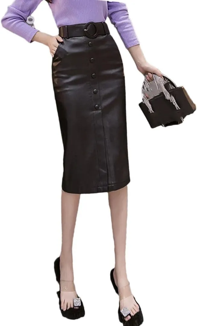 Women's Solid Faux Leather Wrap High Waist Sexy Knee Length Pencil Skirts