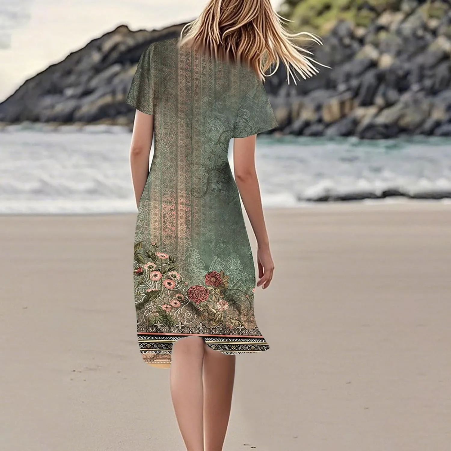 Womens Spring Dresses 2025 Floral Summer Dress for Women Elegant Casual Flowy Modest Midi Beach Dress Chiffon Dresses