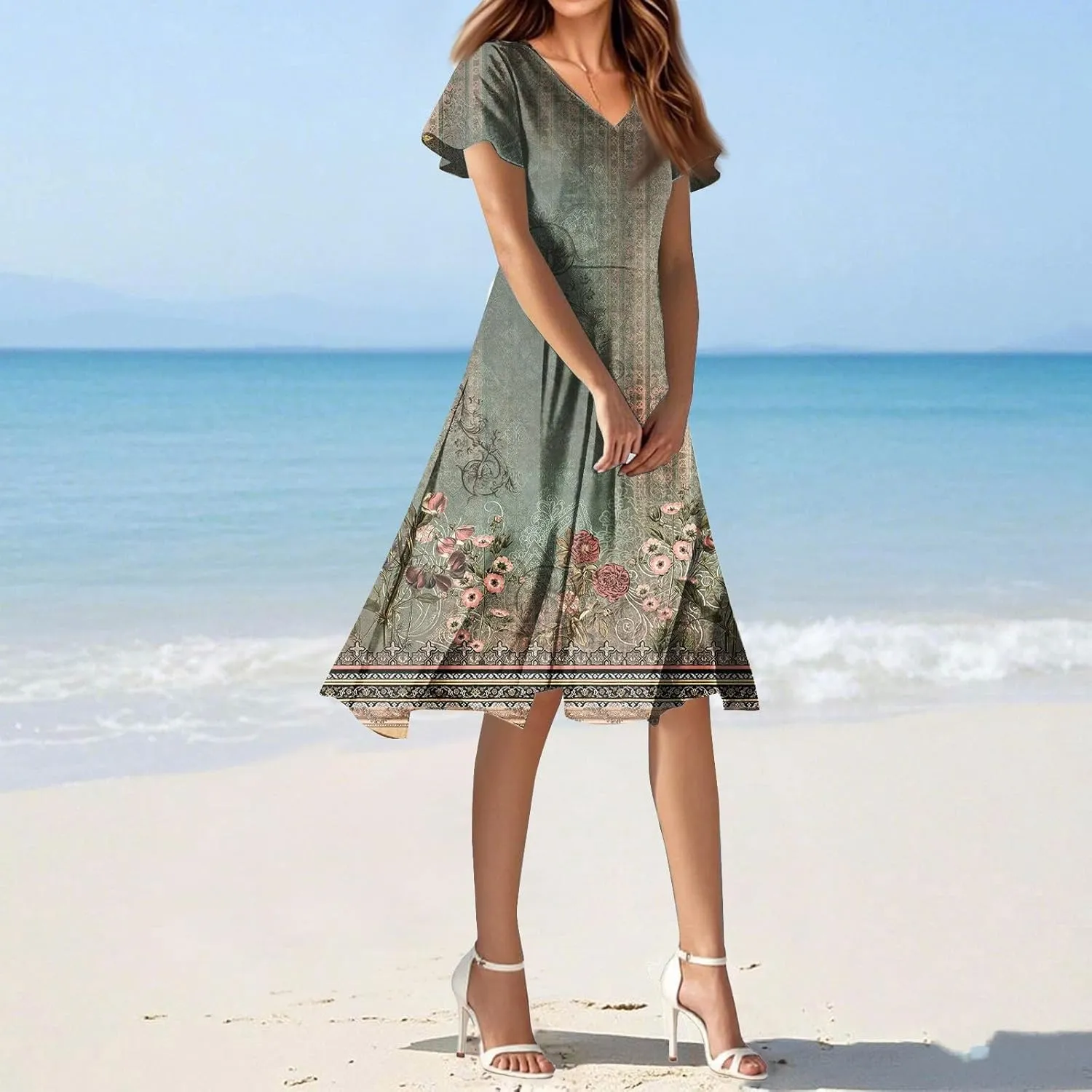 Womens Spring Dresses 2025 Floral Summer Dress for Women Elegant Casual Flowy Modest Midi Beach Dress Chiffon Dresses