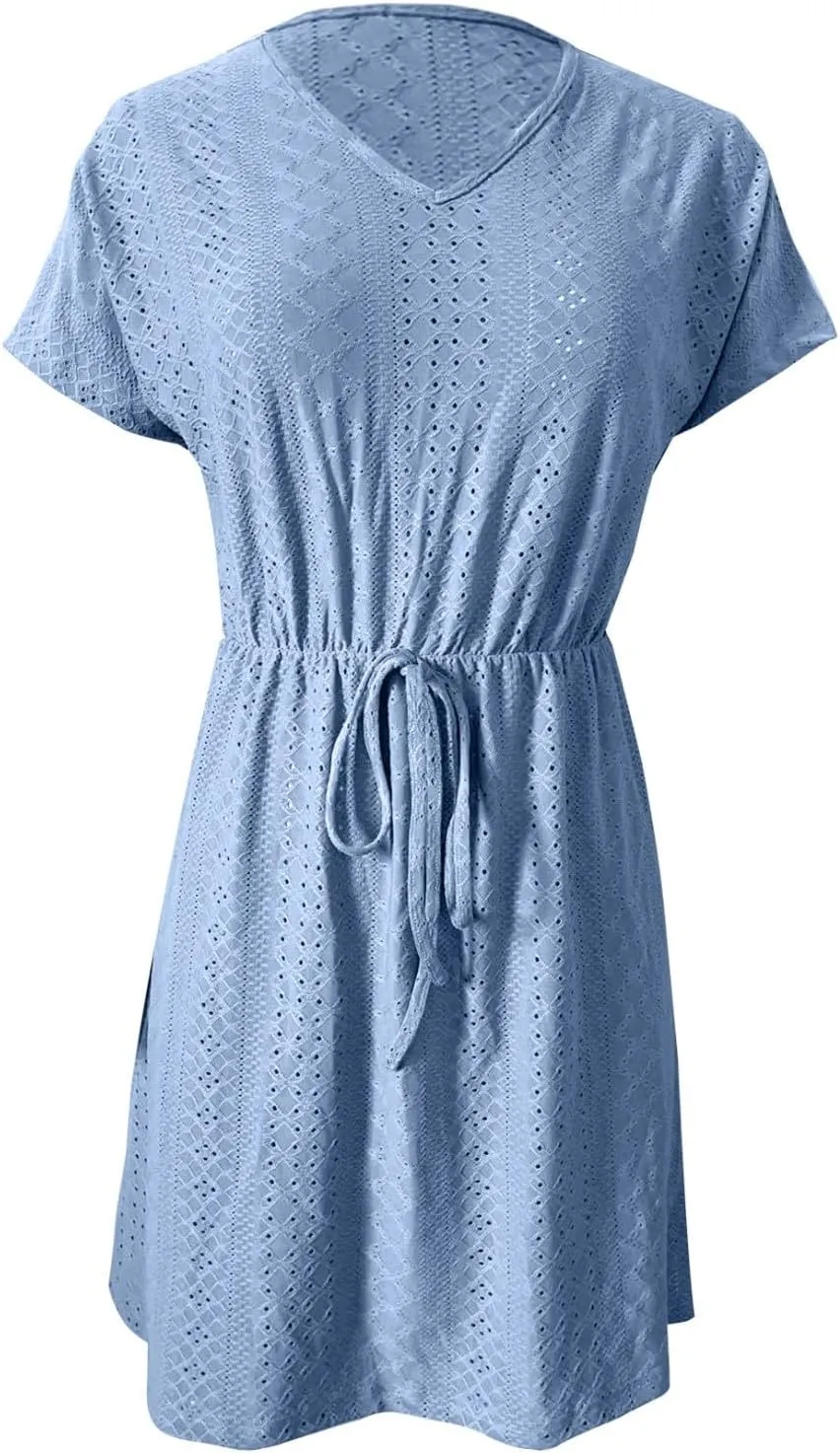 Womens Summer A-Line Dress V-Neck Sundress Mini Short Sleeve Dresses Flowy Beach Swing Dress Vacation Travel Outfits