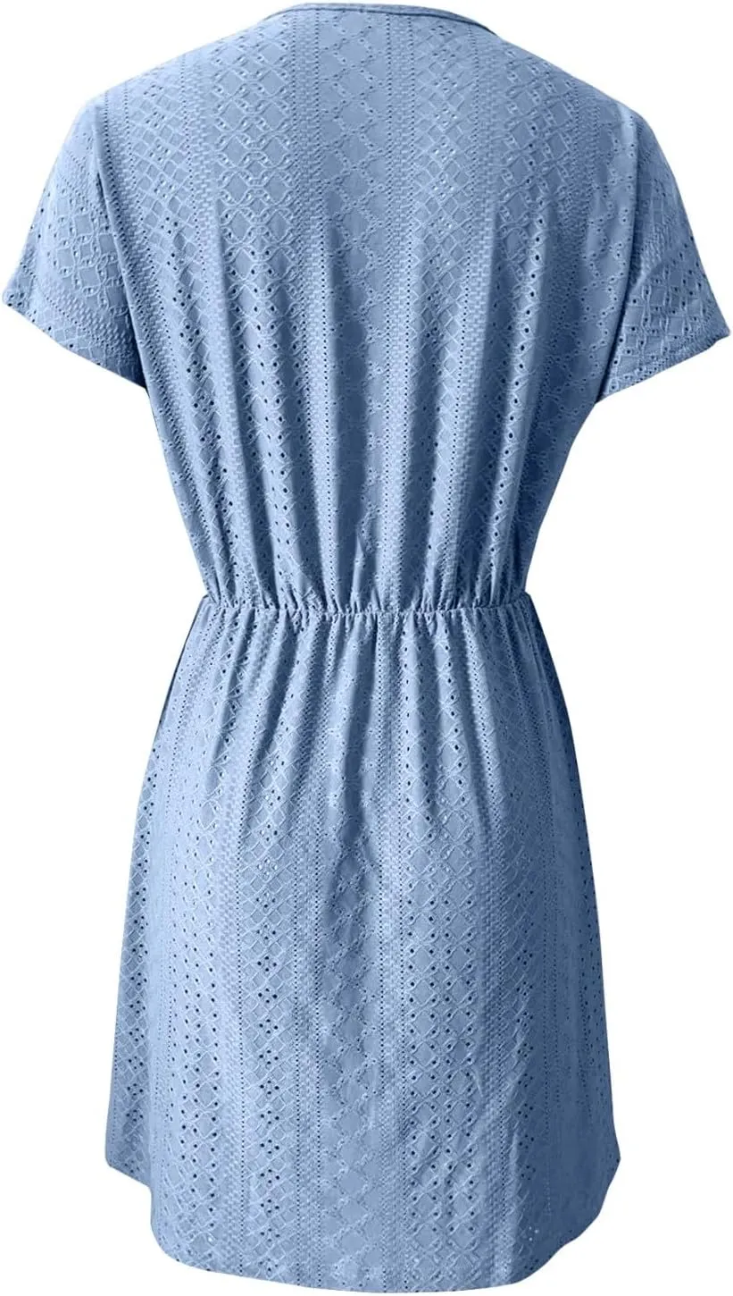 Womens Summer A-Line Dress V-Neck Sundress Mini Short Sleeve Dresses Flowy Beach Swing Dress Vacation Travel Outfits