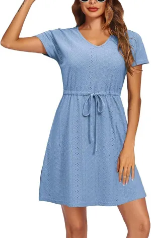 Womens Summer A-Line Dress V-Neck Sundress Mini Short Sleeve Dresses Flowy Beach Swing Dress Vacation Travel Outfits