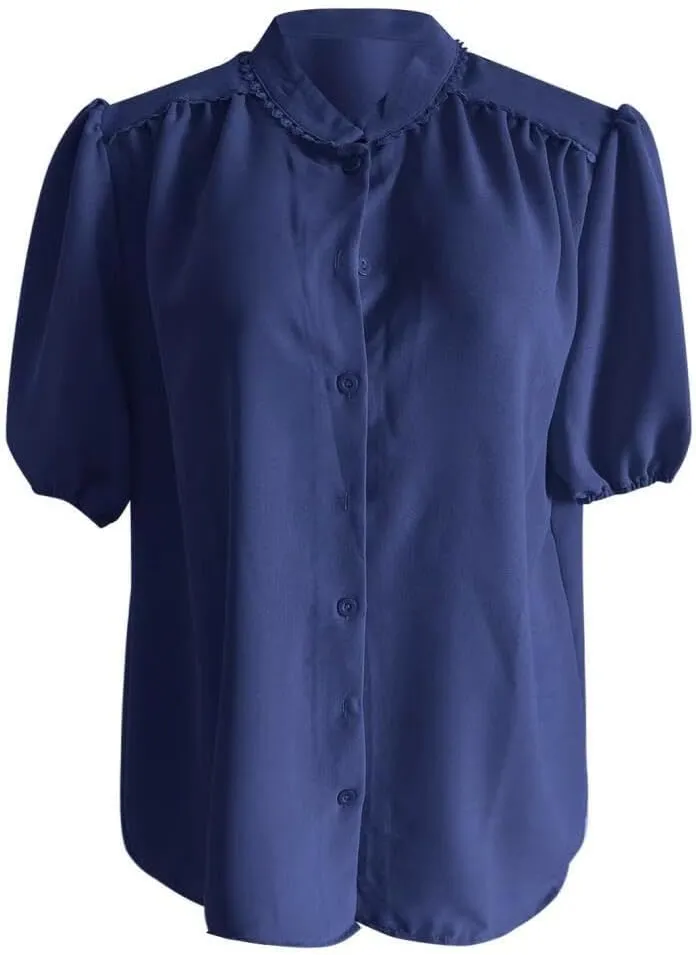 Women's Summer Button Down Shirts Short Lantern Sleeve V Neck Cotton Dressy Casual Tops Blouses