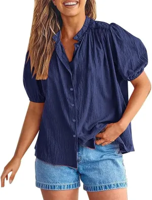 Women's Summer Button Down Shirts Short Lantern Sleeve V Neck Cotton Dressy Casual Tops Blouses