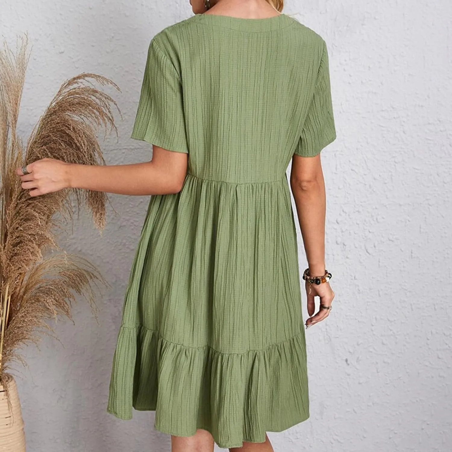 Womens Summer Dress V Neck Short Sleeve Ruffle Hem Tiered Flowy Swing Midi Dresses 2025 Beach Vacation Sundress Outfits