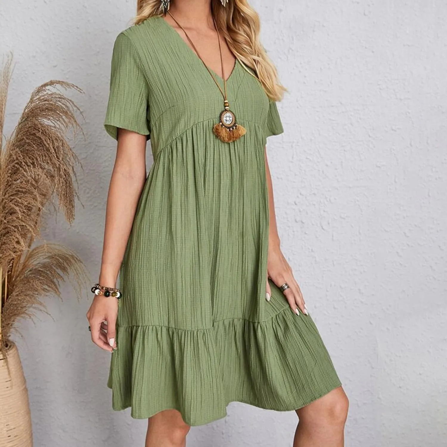 Womens Summer Dress V Neck Short Sleeve Ruffle Hem Tiered Flowy Swing Midi Dresses 2025 Beach Vacation Sundress Outfits
