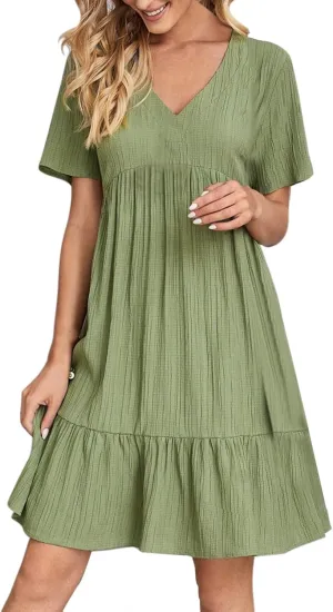 Womens Summer Dress V Neck Short Sleeve Ruffle Hem Tiered Flowy Swing Midi Dresses 2025 Beach Vacation Sundress Outfits