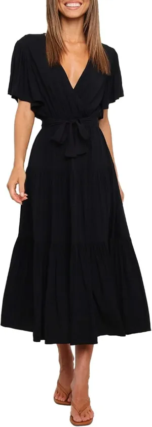 Womens Summer Dresses Short Sleeve Deep V Neck Wrap Midi Dress Flowy Boho Ruffle Beach Wedding Guest Dress with Belt