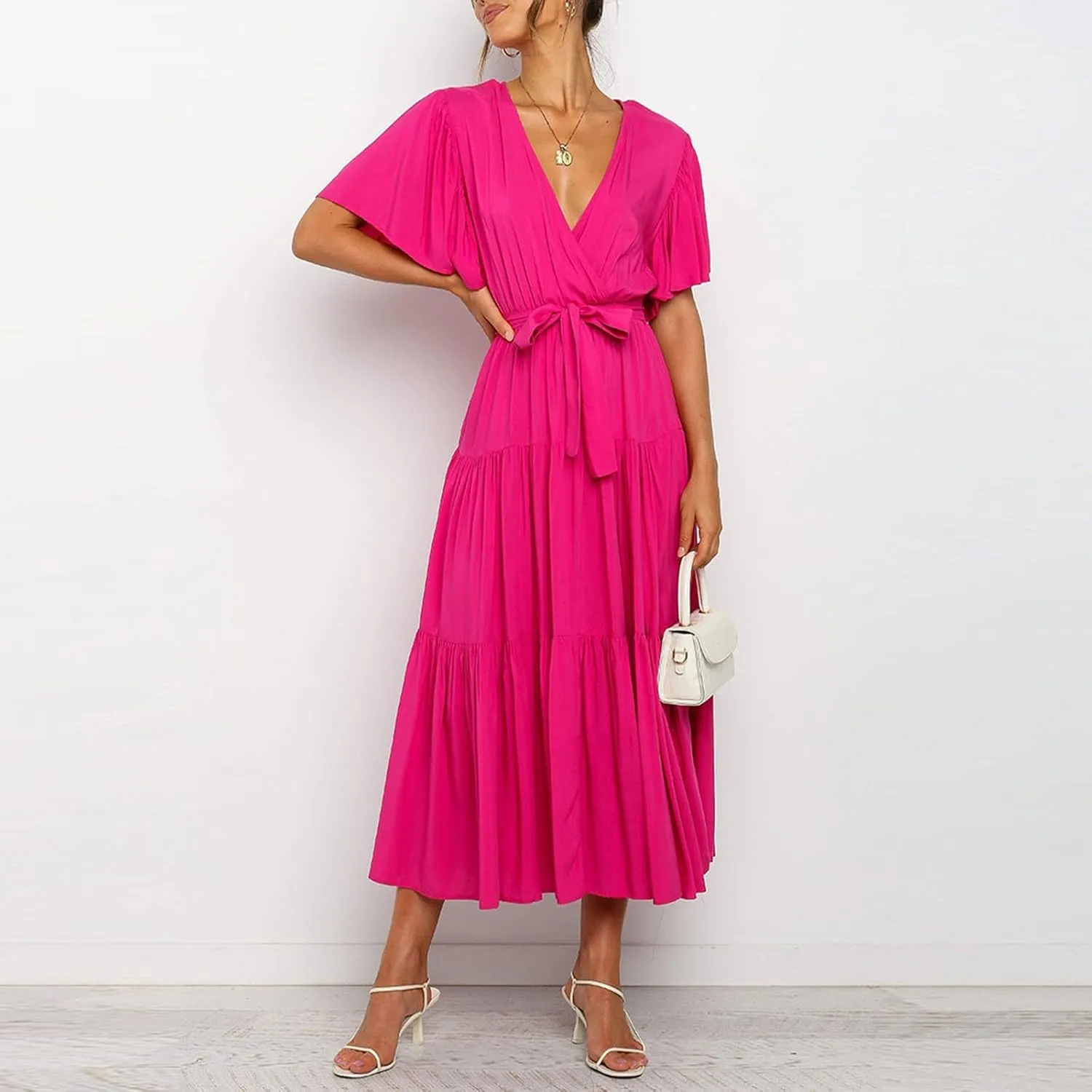 Womens Summer Dresses Short Sleeve Deep V Neck Wrap Midi Dress Flowy Boho Ruffle Beach Wedding Guest Dress with Belt