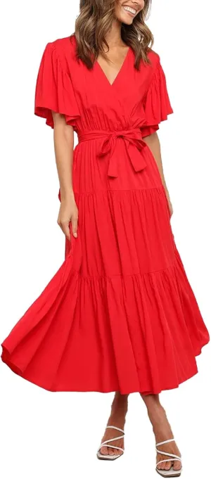 Womens Summer Dresses Short Sleeve Deep V Neck Wrap Midi Dress Flowy Boho Ruffle Beach Wedding Guest Dress with Belt