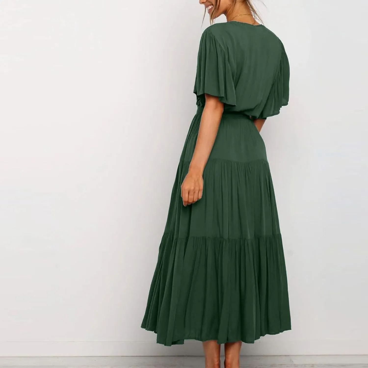 Womens Summer Dresses Short Sleeve Deep V Neck Wrap Midi Dress Flowy Boho Ruffle Beach Wedding Guest Dress with Belt