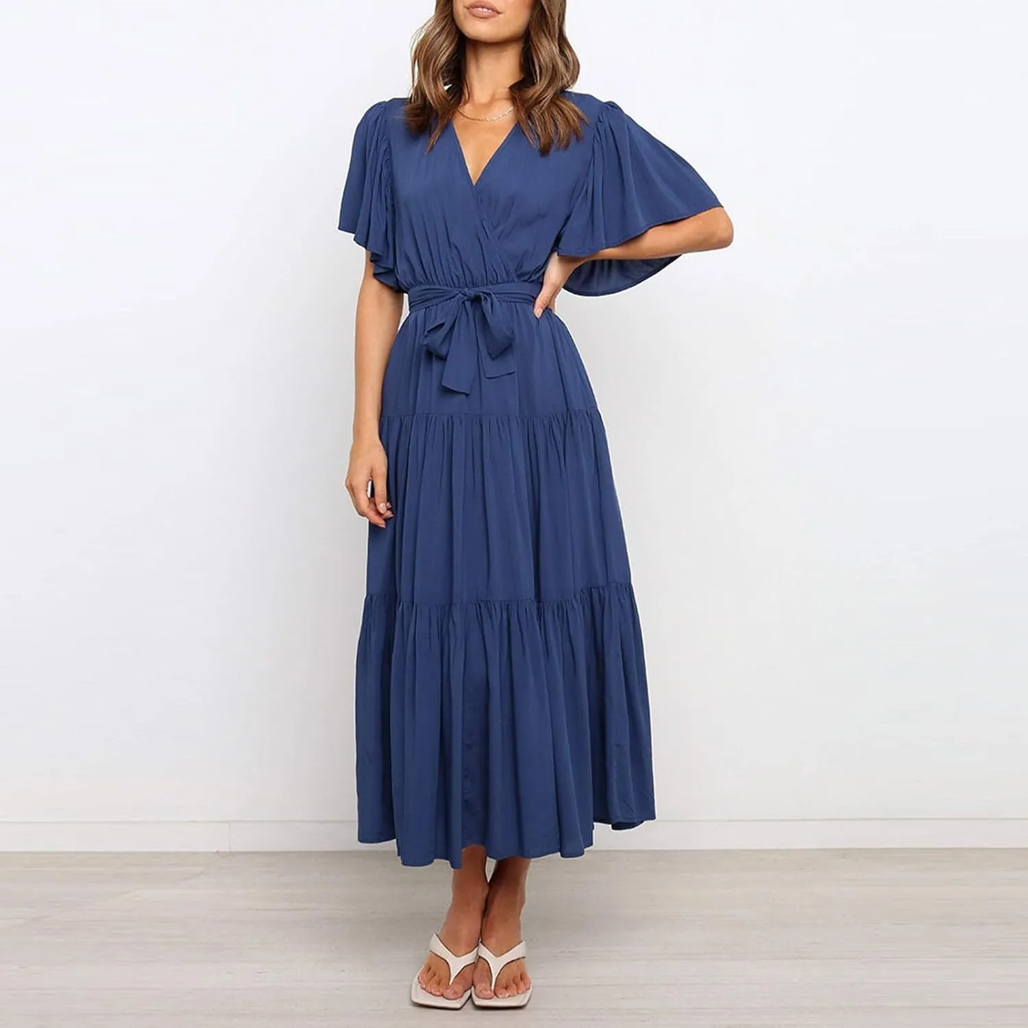 Womens Summer Dresses Short Sleeve Deep V Neck Wrap Midi Dress Flowy Boho Ruffle Beach Wedding Guest Dress with Belt