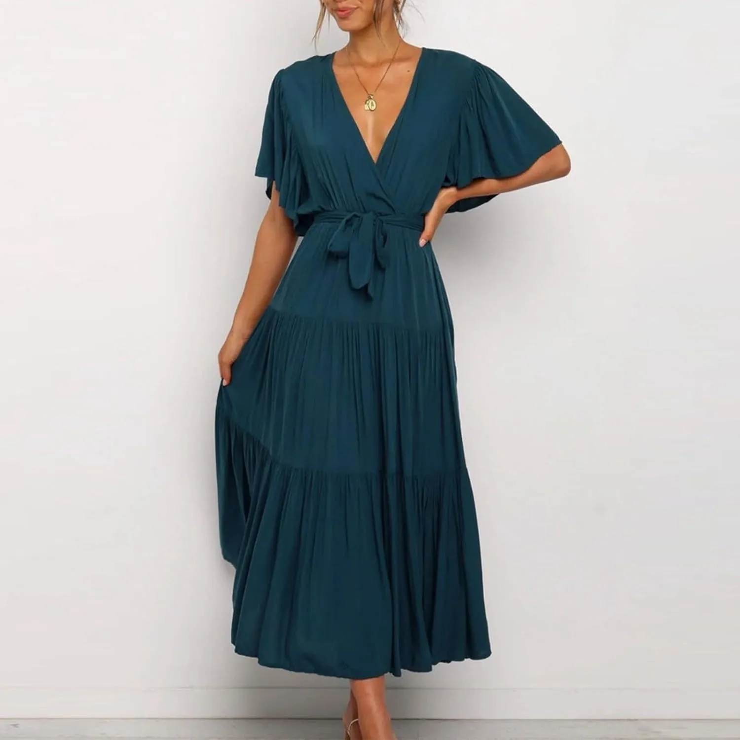 Womens Summer Dresses Short Sleeve Deep V Neck Wrap Midi Dress Flowy Boho Ruffle Beach Wedding Guest Dress with Belt