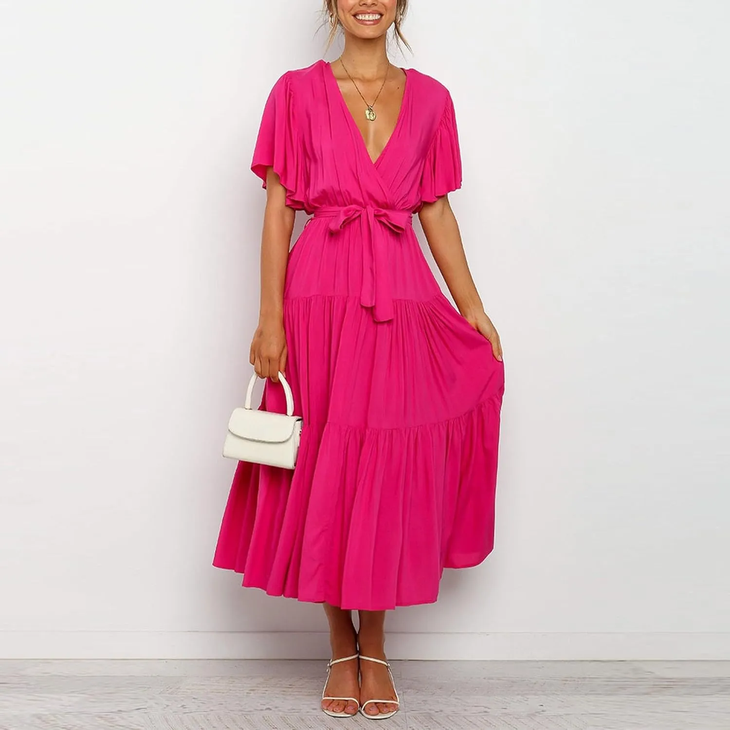 Womens Summer Dresses Short Sleeve Deep V Neck Wrap Midi Dress Flowy Boho Ruffle Beach Wedding Guest Dress with Belt