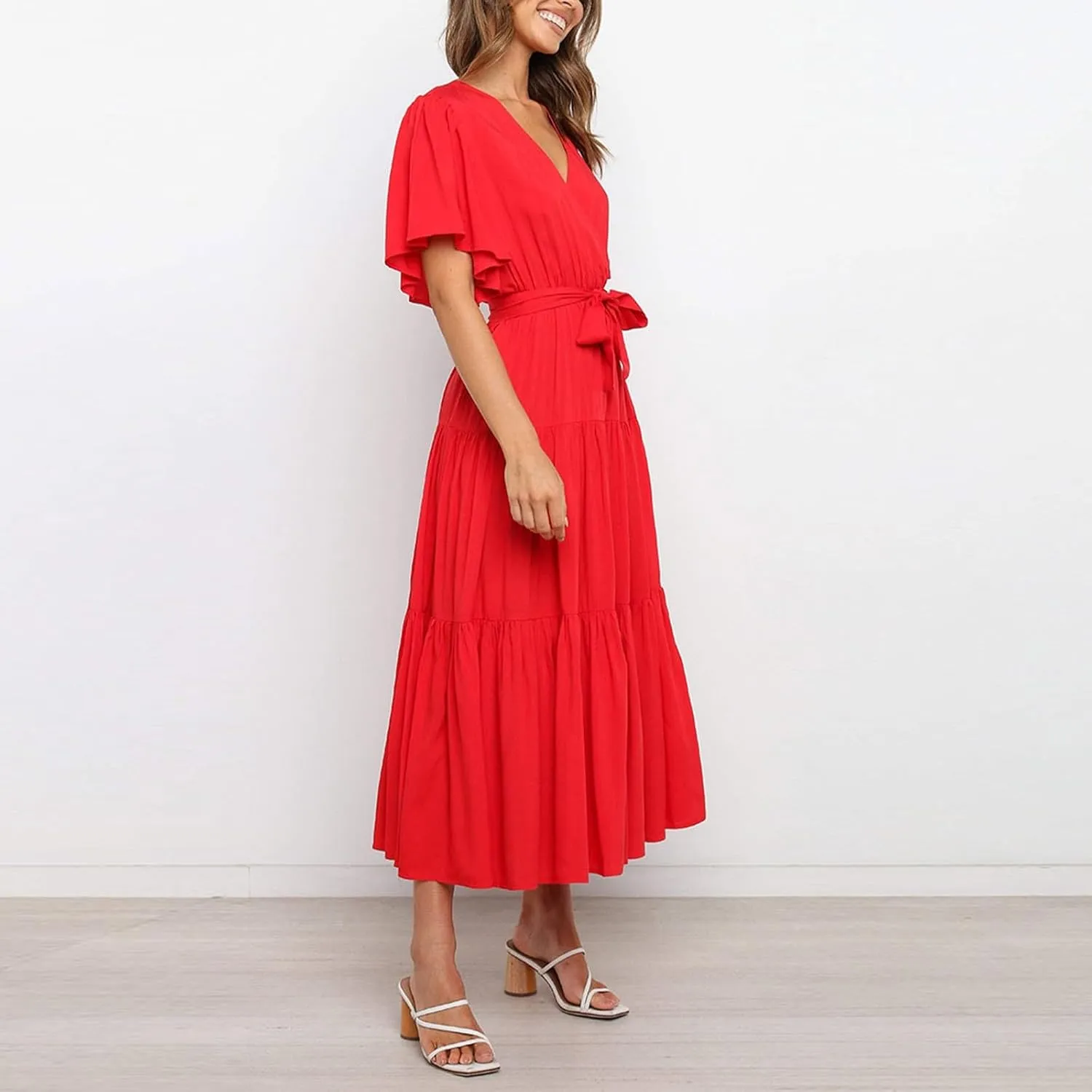 Womens Summer Dresses Short Sleeve Deep V Neck Wrap Midi Dress Flowy Boho Ruffle Beach Wedding Guest Dress with Belt