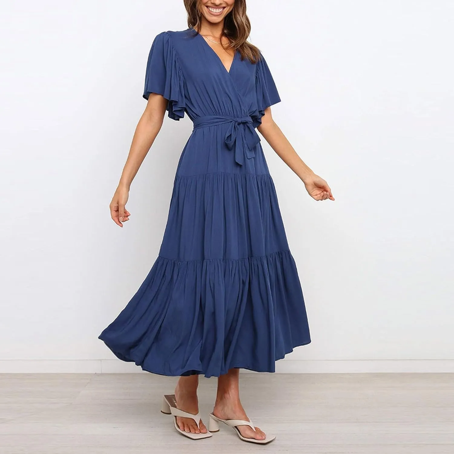 Womens Summer Dresses Short Sleeve Deep V Neck Wrap Midi Dress Flowy Boho Ruffle Beach Wedding Guest Dress with Belt