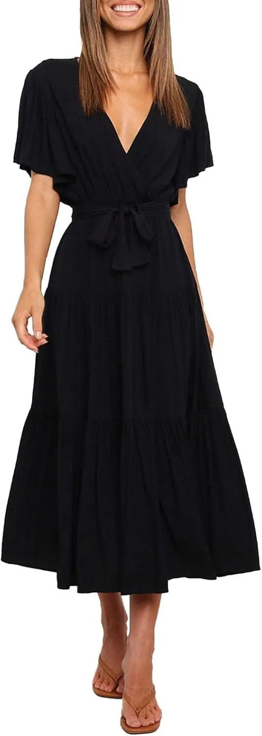 Womens Summer Dresses Short Sleeve Deep V Neck Wrap Midi Dress Flowy Boho Ruffle Beach Wedding Guest Dress with Belt