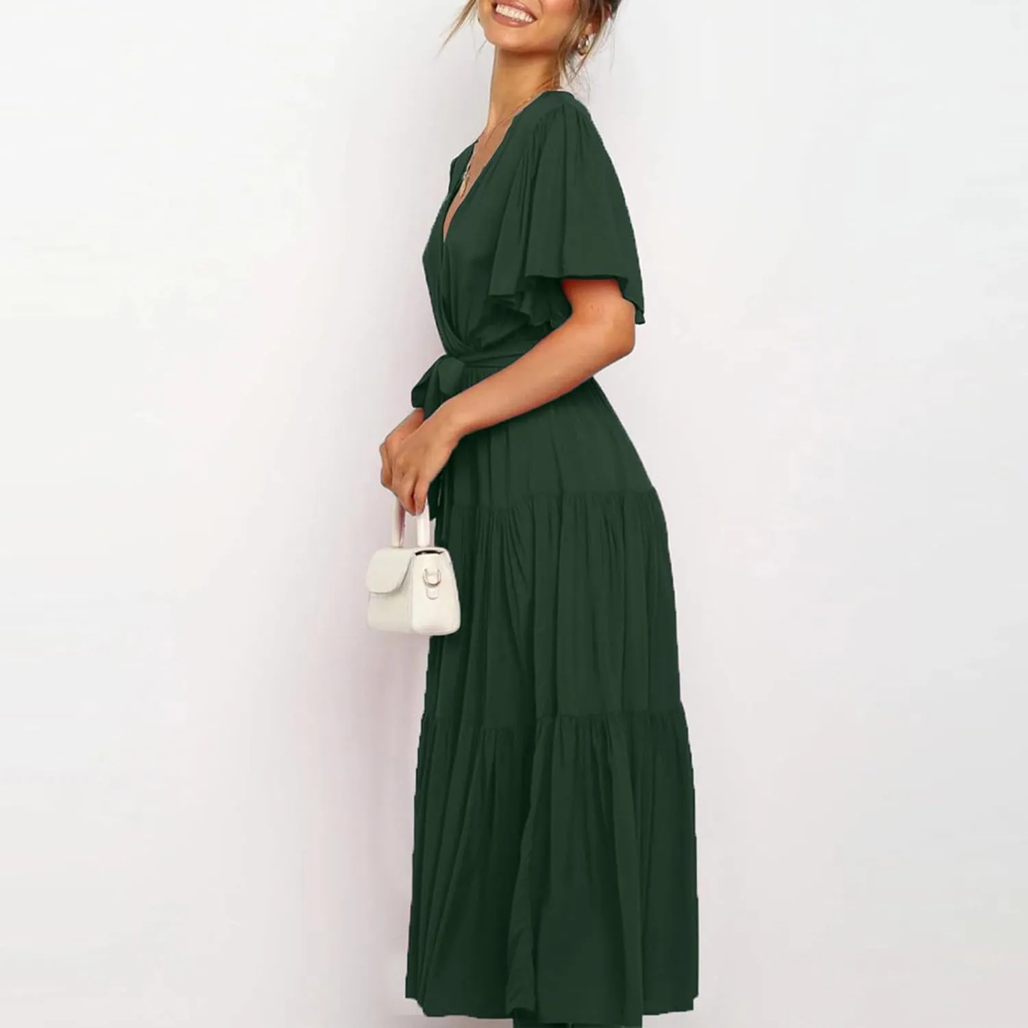 Womens Summer Dresses Short Sleeve Deep V Neck Wrap Midi Dress Flowy Boho Ruffle Beach Wedding Guest Dress with Belt