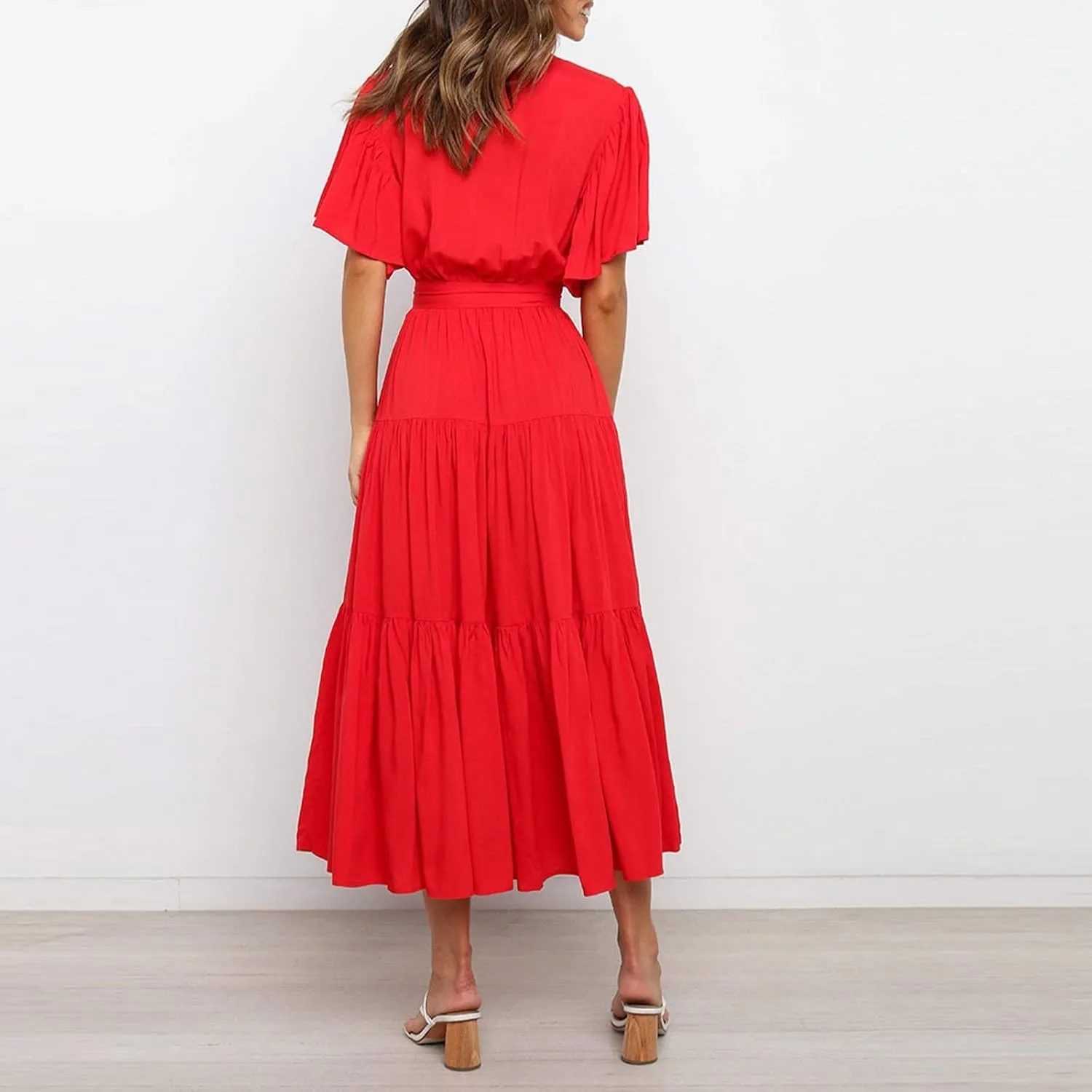 Womens Summer Dresses Short Sleeve Deep V Neck Wrap Midi Dress Flowy Boho Ruffle Beach Wedding Guest Dress with Belt