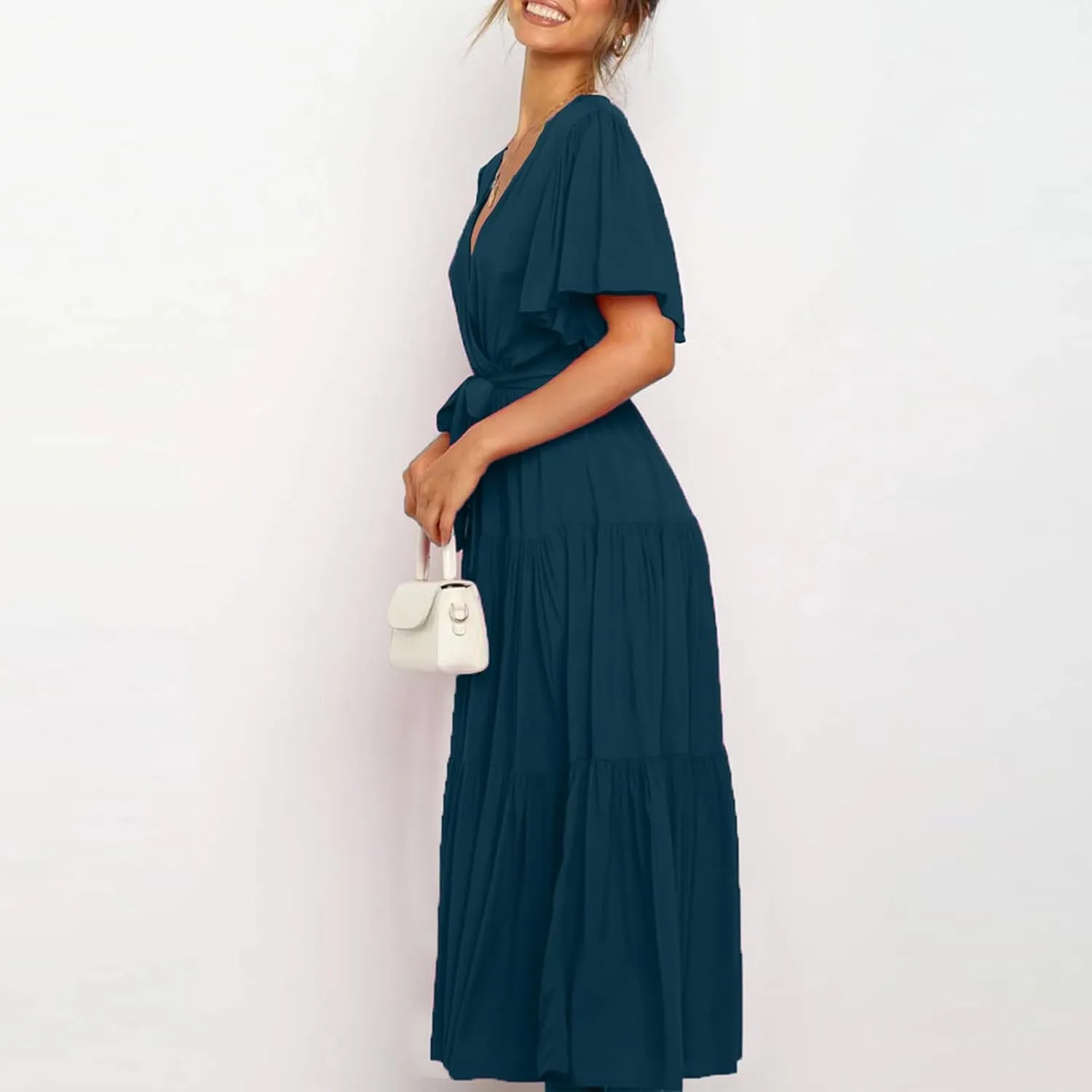 Womens Summer Dresses Short Sleeve Deep V Neck Wrap Midi Dress Flowy Boho Ruffle Beach Wedding Guest Dress with Belt
