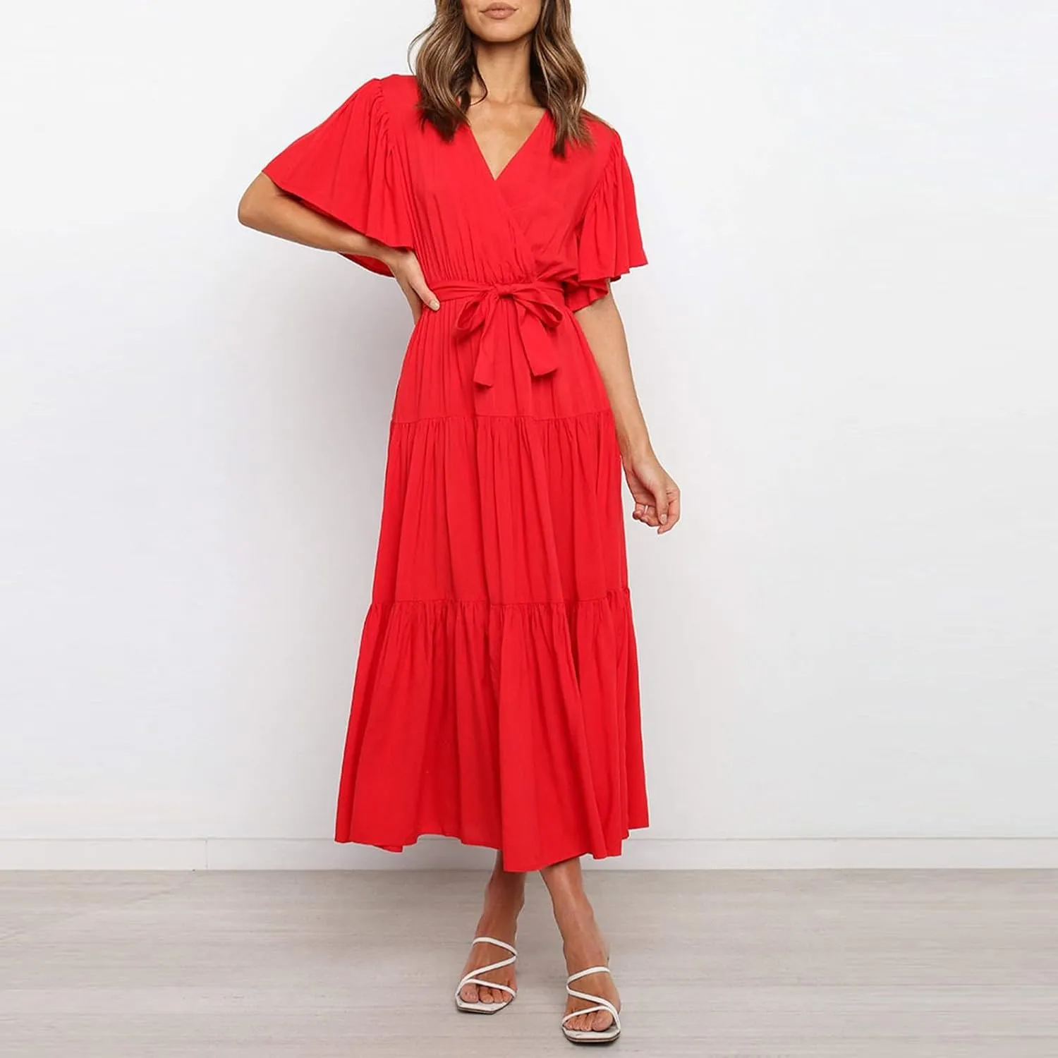 Womens Summer Dresses Short Sleeve Deep V Neck Wrap Midi Dress Flowy Boho Ruffle Beach Wedding Guest Dress with Belt