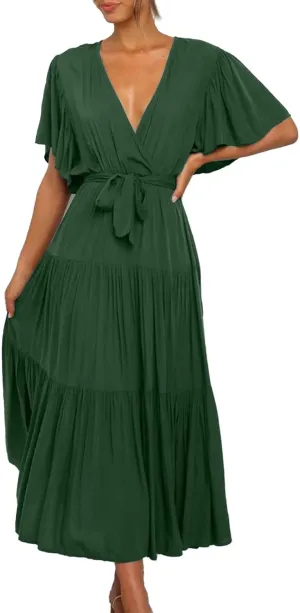 Womens Summer Dresses Short Sleeve Deep V Neck Wrap Midi Dress Flowy Boho Ruffle Beach Wedding Guest Dress with Belt