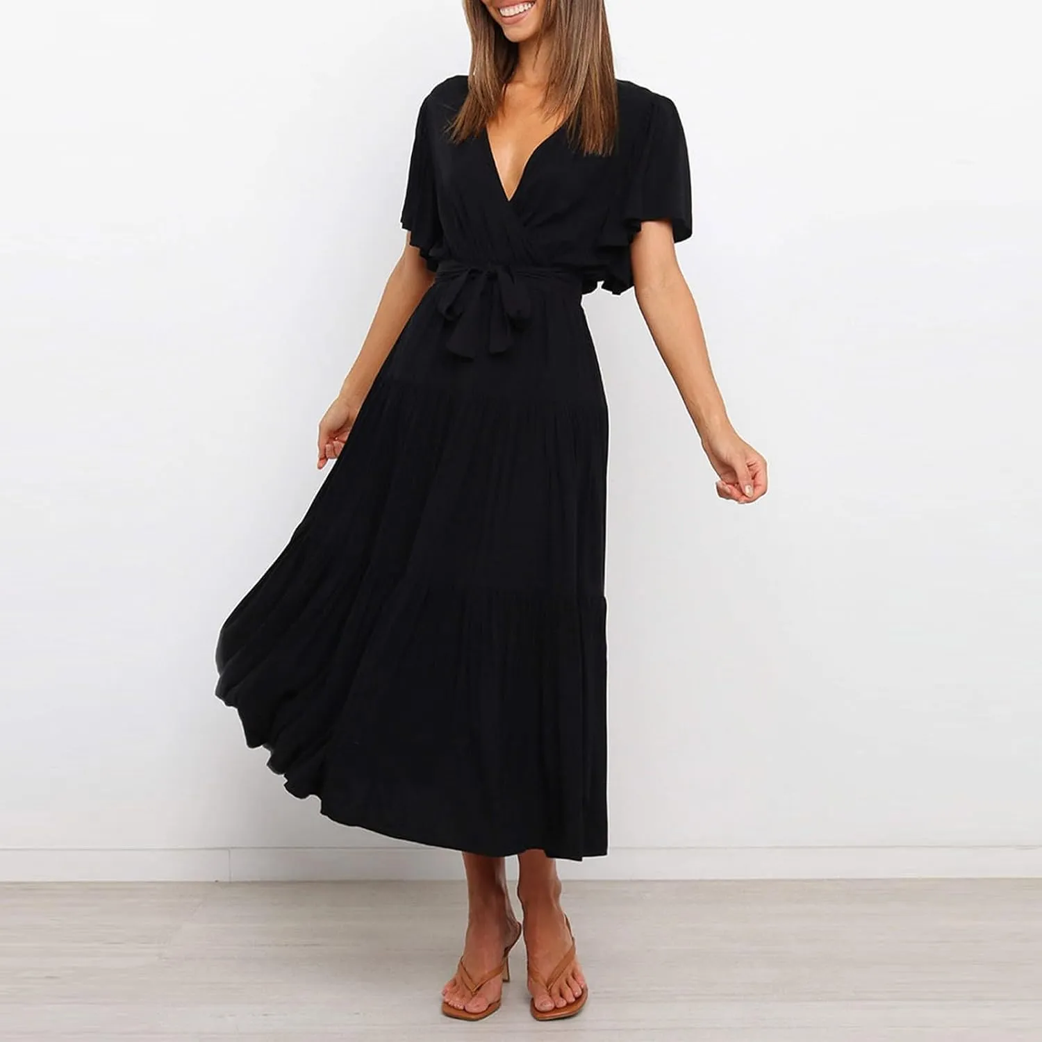 Womens Summer Dresses Short Sleeve Deep V Neck Wrap Midi Dress Flowy Boho Ruffle Beach Wedding Guest Dress with Belt