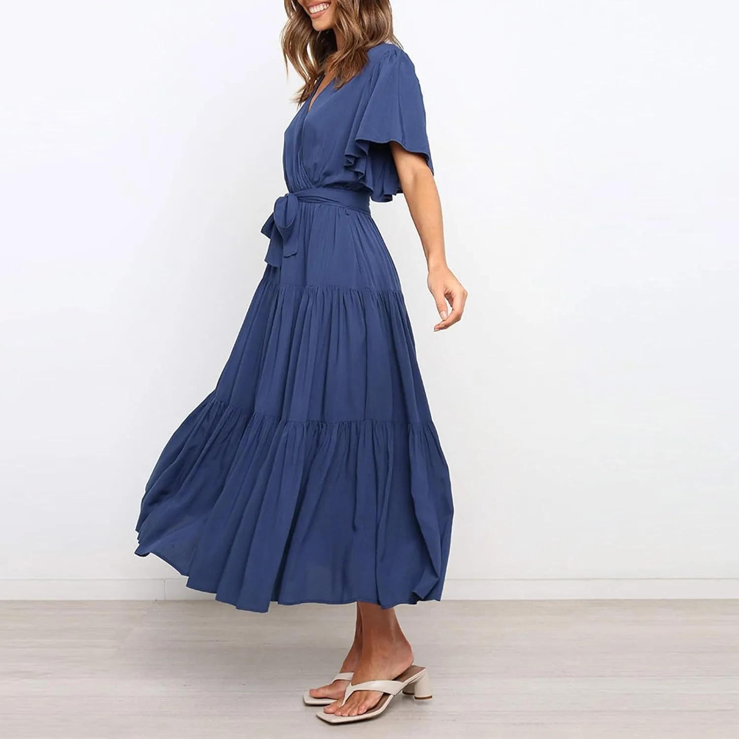 Womens Summer Dresses Short Sleeve Deep V Neck Wrap Midi Dress Flowy Boho Ruffle Beach Wedding Guest Dress with Belt