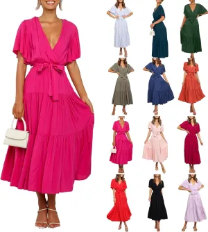 Womens Summer Dresses Short Sleeve Deep V Neck Wrap Midi Dress Flowy Boho Ruffle Beach Wedding Guest Dress with Belt