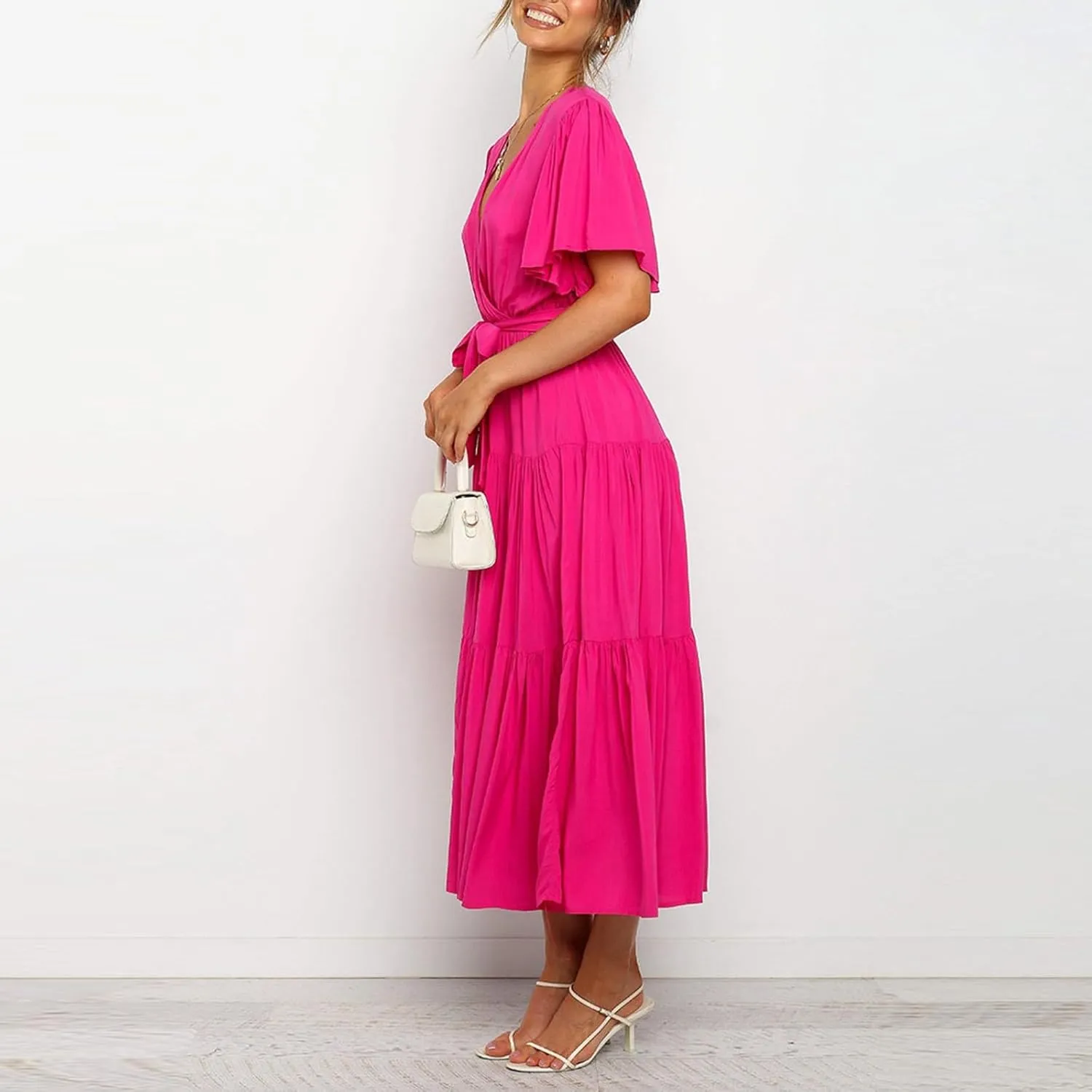Womens Summer Dresses Short Sleeve Deep V Neck Wrap Midi Dress Flowy Boho Ruffle Beach Wedding Guest Dress with Belt