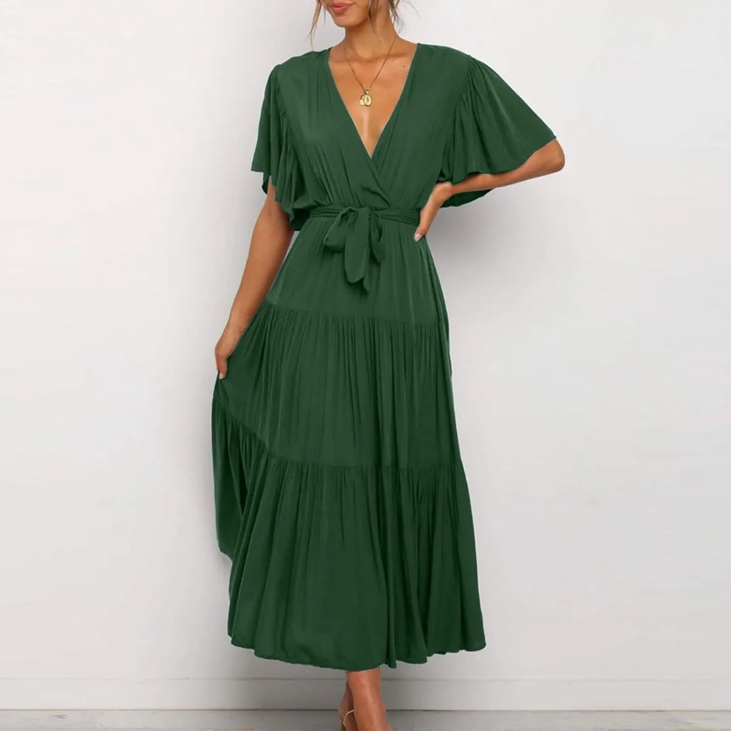 Womens Summer Dresses Short Sleeve Deep V Neck Wrap Midi Dress Flowy Boho Ruffle Beach Wedding Guest Dress with Belt