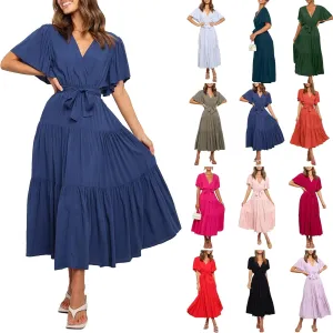Womens Summer Dresses Short Sleeve Deep V Neck Wrap Midi Dress Flowy Boho Ruffle Beach Wedding Guest Dress with Belt