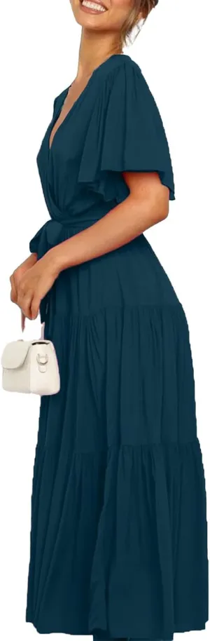 Womens Summer Dresses Short Sleeve Deep V Neck Wrap Midi Dress Flowy Boho Ruffle Beach Wedding Guest Dress with Belt