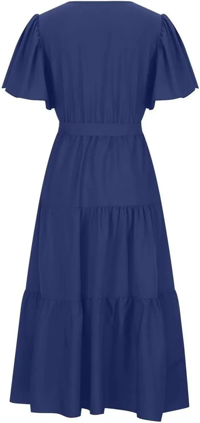 Womens Summer Dresses Short Sleeve Deep V Neck Wrap Midi Dress Flowy Boho Ruffle Beach Wedding Guest Dress with Belt