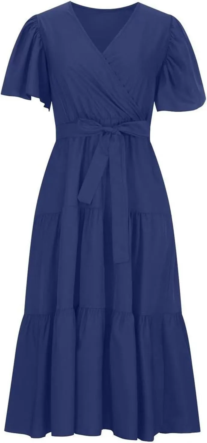Womens Summer Dresses Short Sleeve Deep V Neck Wrap Midi Dress Flowy Boho Ruffle Beach Wedding Guest Dress with Belt