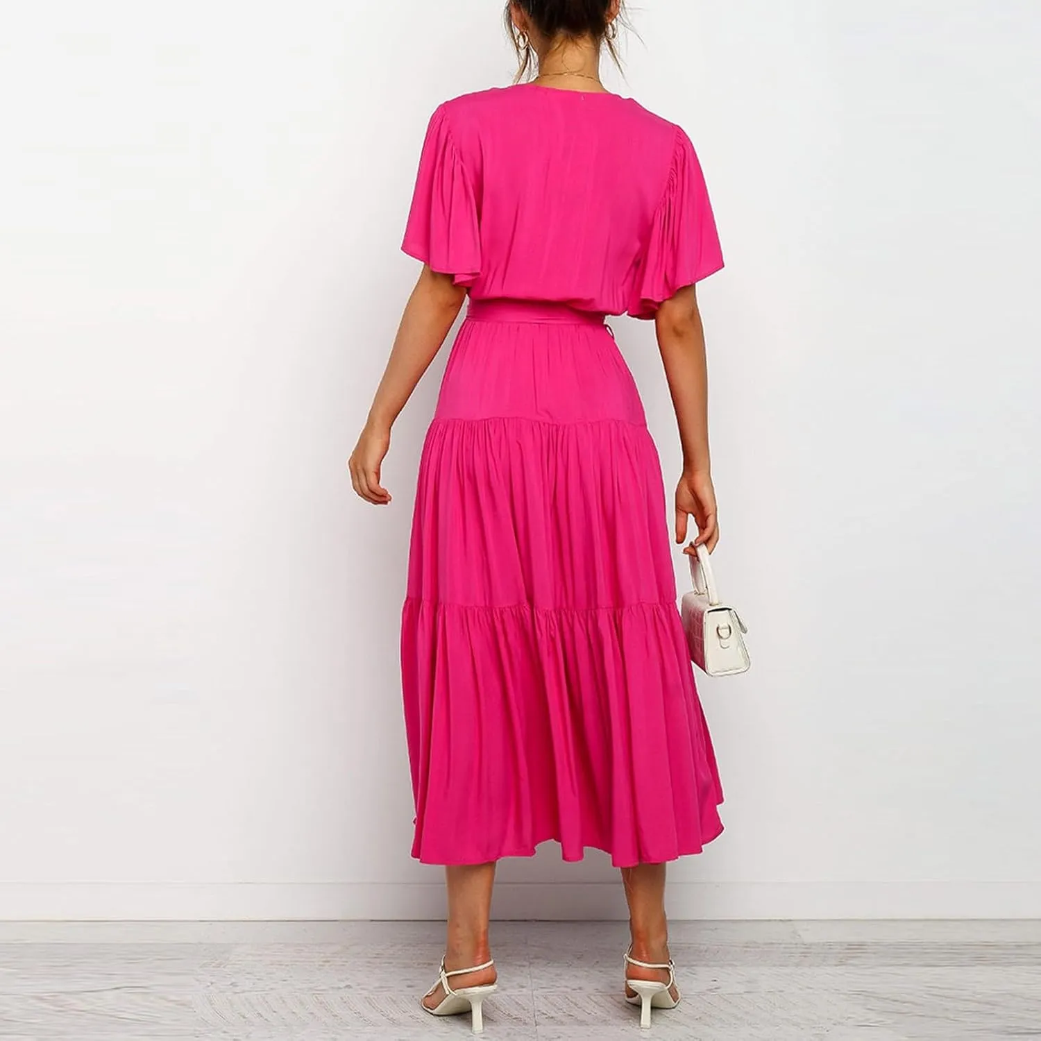 Womens Summer Dresses Short Sleeve Deep V Neck Wrap Midi Dress Flowy Boho Ruffle Beach Wedding Guest Dress with Belt
