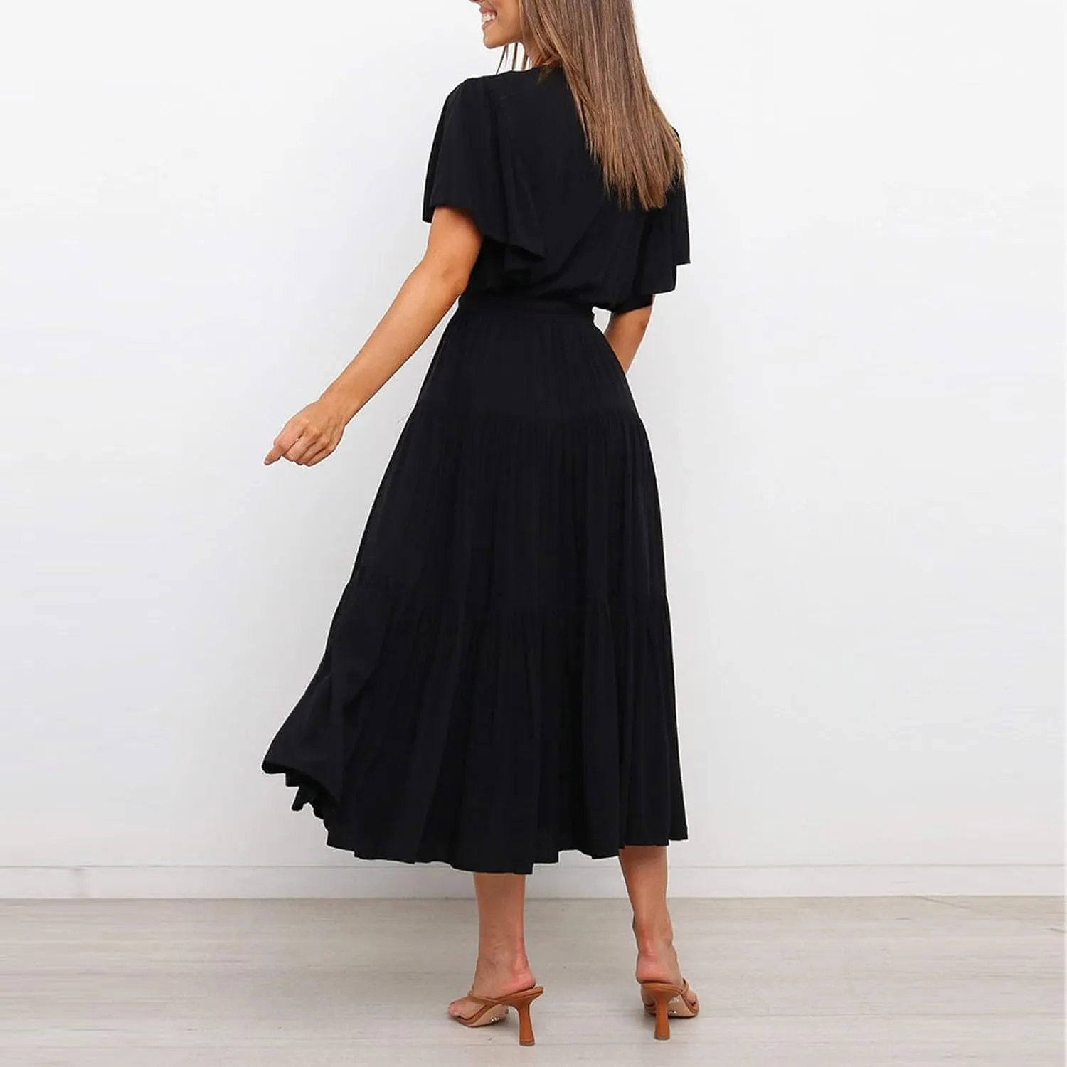 Womens Summer Dresses Short Sleeve Deep V Neck Wrap Midi Dress Flowy Boho Ruffle Beach Wedding Guest Dress with Belt