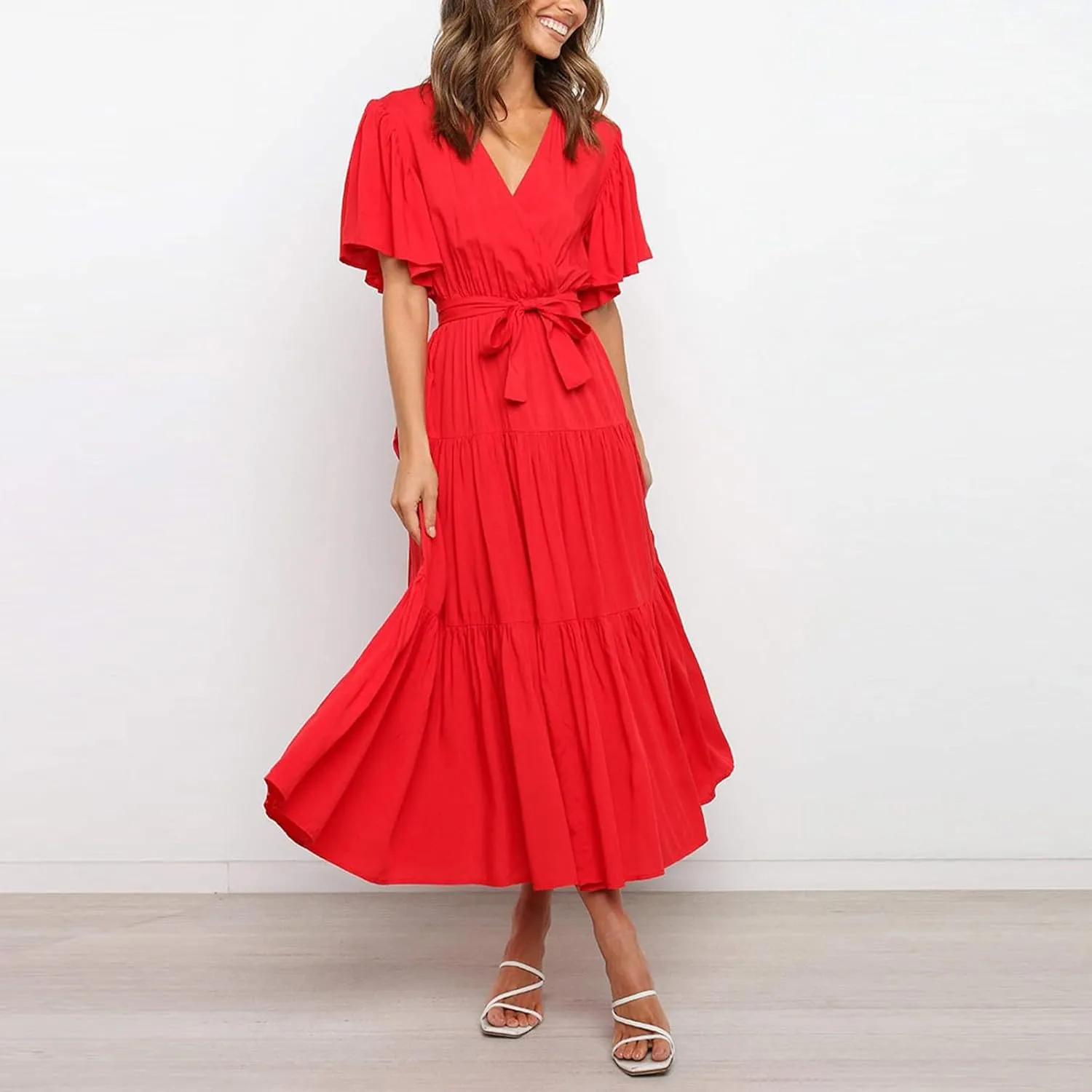 Womens Summer Dresses Short Sleeve Deep V Neck Wrap Midi Dress Flowy Boho Ruffle Beach Wedding Guest Dress with Belt