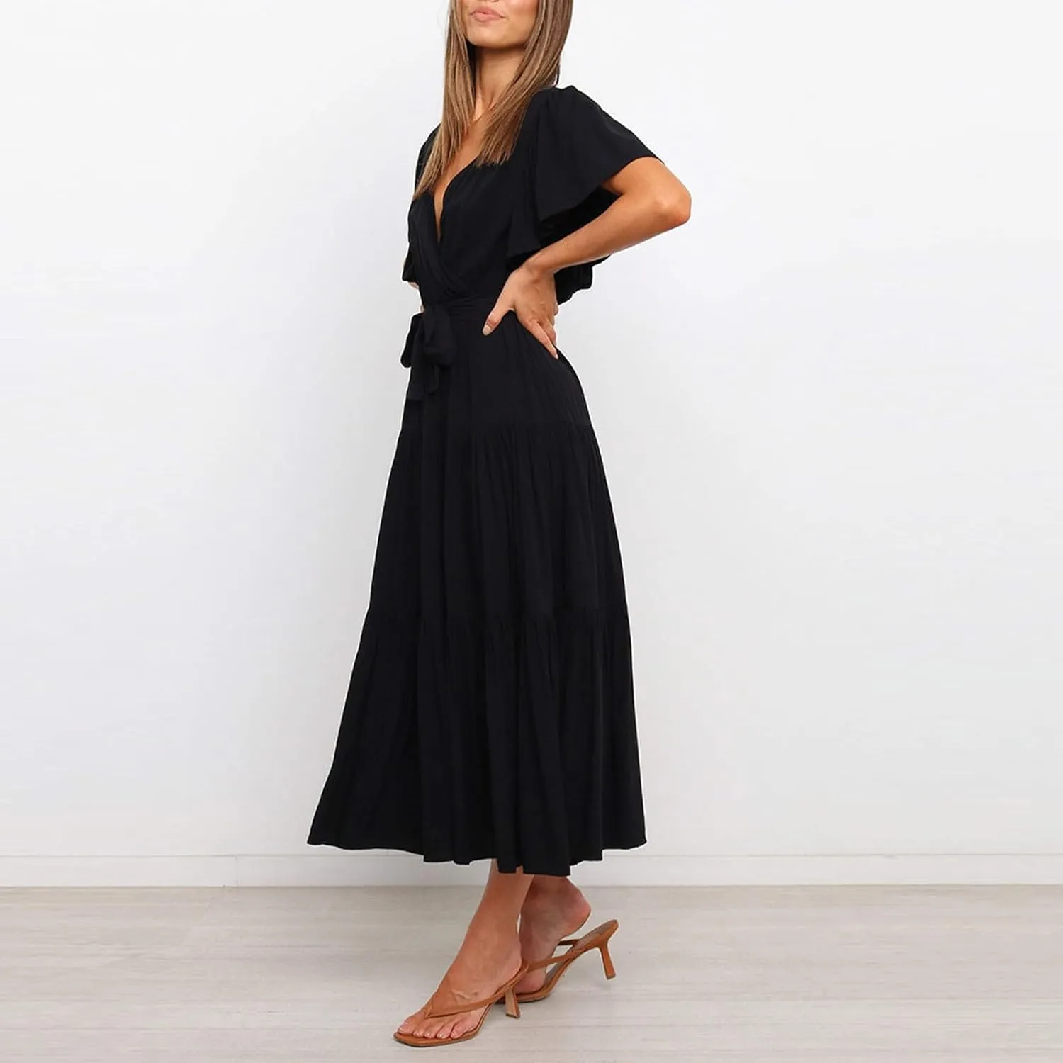 Womens Summer Dresses Short Sleeve Deep V Neck Wrap Midi Dress Flowy Boho Ruffle Beach Wedding Guest Dress with Belt