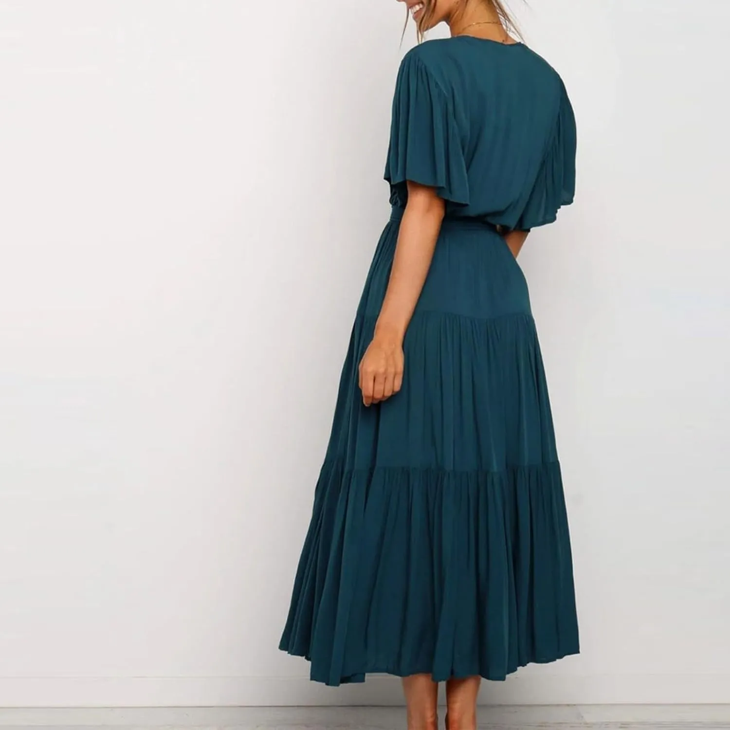 Womens Summer Dresses Short Sleeve Deep V Neck Wrap Midi Dress Flowy Boho Ruffle Beach Wedding Guest Dress with Belt